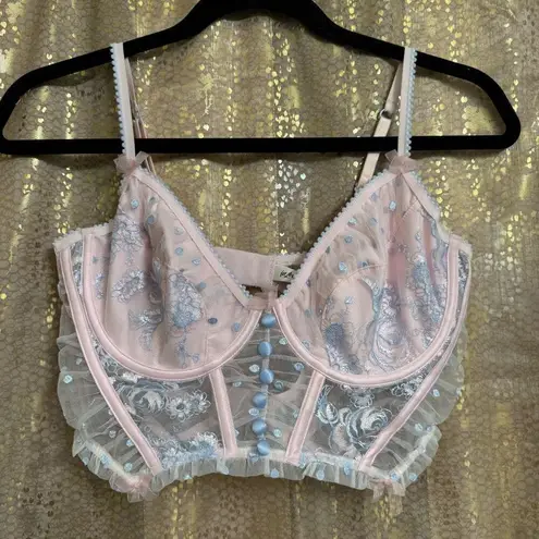 VS For Love & Lemons Foil Rose Pink Blue Sheer Mesh Bustier Coquette Top Large