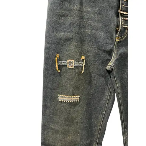 Ane' V Y2k Vintage Rhinestone Safety Pin Denim Blue Jeans Size 10 Bling Distress