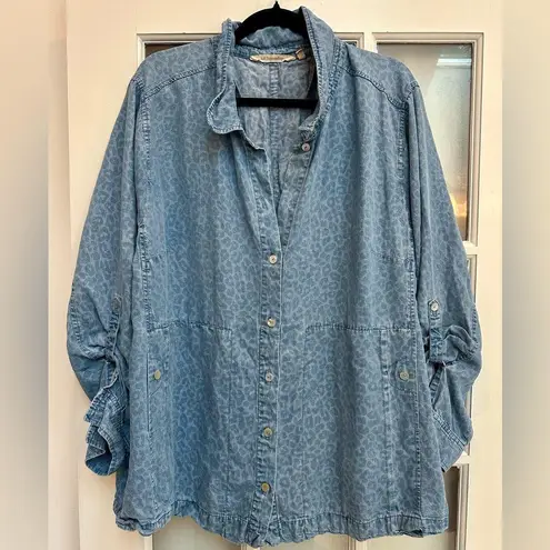Soft Surroundings Button Down Denim Cheetah Print Roll Tab Blouse Plus Size 2X