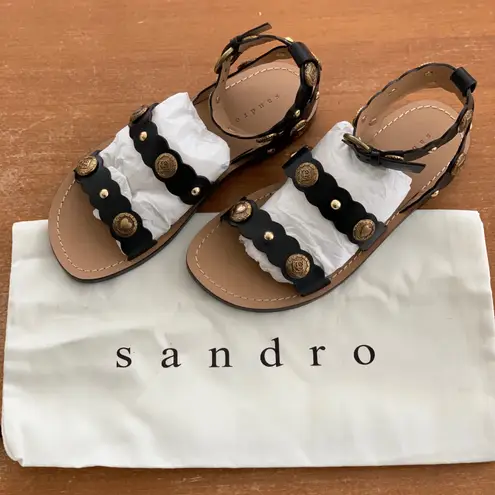Sandro New in Box NOIR Susie Leather Studded Scalloped Straps Flat Sandals Size 37