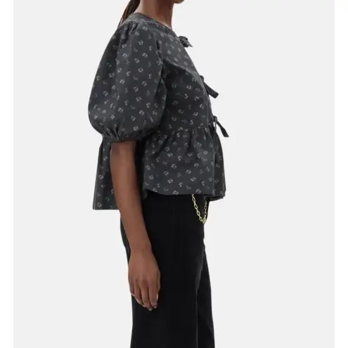 Ganni Floral Puff Sleeve Peplum Tie Neck Blouse Dark Floral Size 32