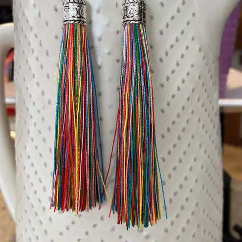 NEW! BOHO Silver & Rainbow Fringe Tassel Earrings Red
