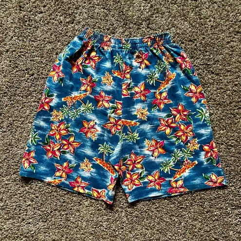 Erika Vintage 90s Blue Tropical Elastic Waist Shorts Size S/M Retro