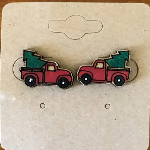Handmade Red Truck Christmas Tree Stud Earrings - Hand Painted Wood, Hypoallergenic