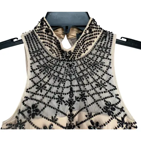 XScape Crop Top Womens L Beige Black Beaded Rhinestone High Neck Formal Evening