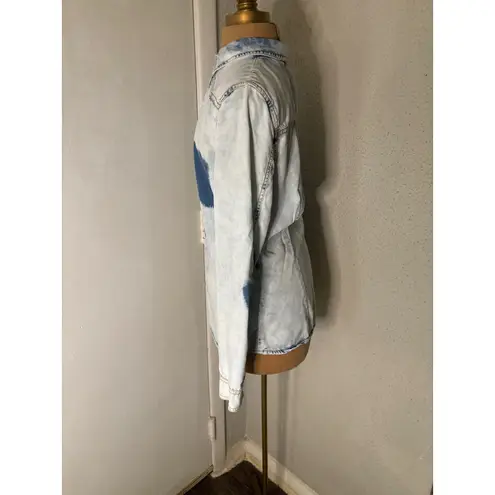 Zara Trafaluc Light Shaded Acid Wash Long Sleeve Shirt L 80s Country Rocker Blue Size L