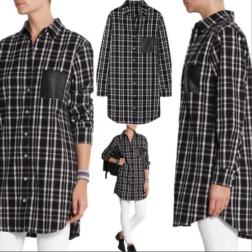 Maje Majé Grunge Leather Trimmed Black & White Plaid Flannel Shirt Size Large 12/14