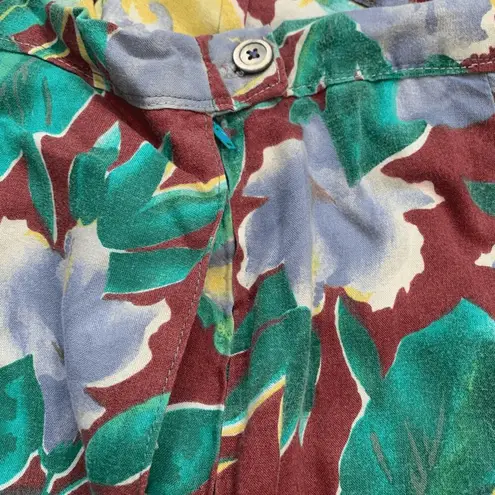 Vintage Handmade Floral Shorts Maroon Yellow Tropical Hibiscus Print High Waist Red Size 1X