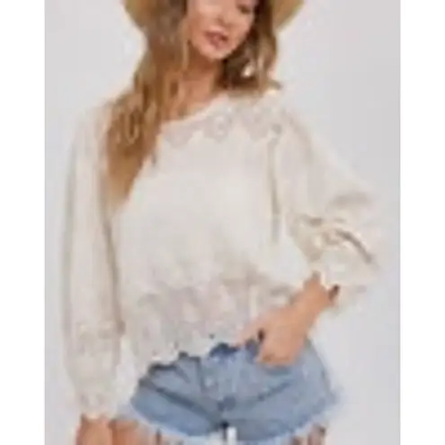 Bluivy Scallop Hem Embroidery Lace Blouse Women's Large Ivory Boho Hippie Dainty White