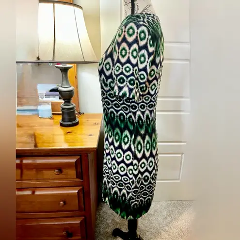 OVI Ikat Print Shift Dress Green Blue and White Short Sleeve Size Small 💛