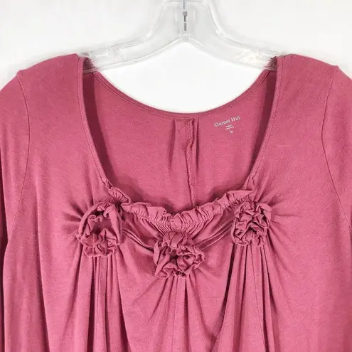 Garnet Hill XS Top Red Gathered Front Smocked Ruffle Solid Cotton Pullover 381