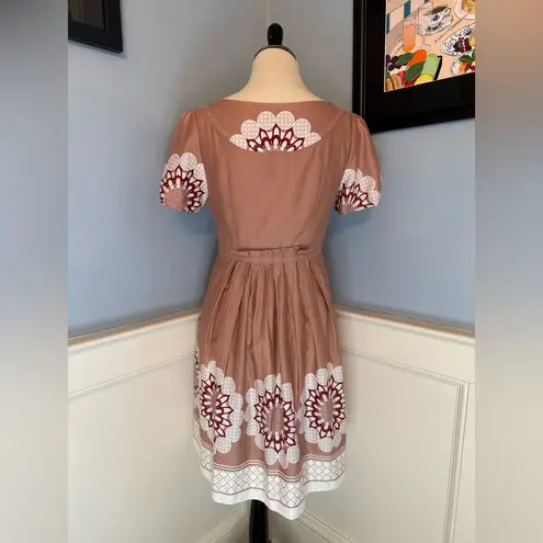 Retro Style Border Print Midi Dress by European Designer Langbow Sz 6 Brown