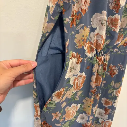 Dress Forum Los Angeles Blue Floral Midi Dress Slit Ruffle Formal Wedding Garden