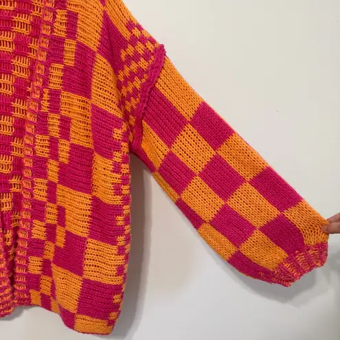 BiBi Oversized Checkered Cardigan Size Medium Pink Orange Boho