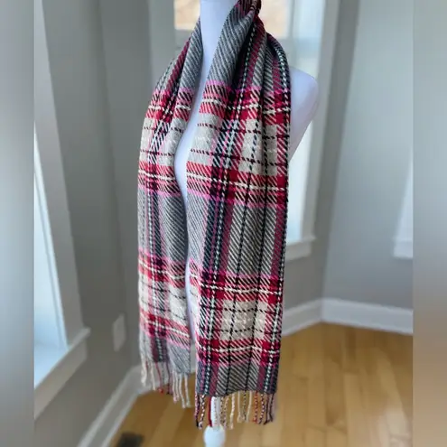 Vintage Fiori di Firenze Gray Pink Plaid Wool Scarf w Fringe Made in Italy