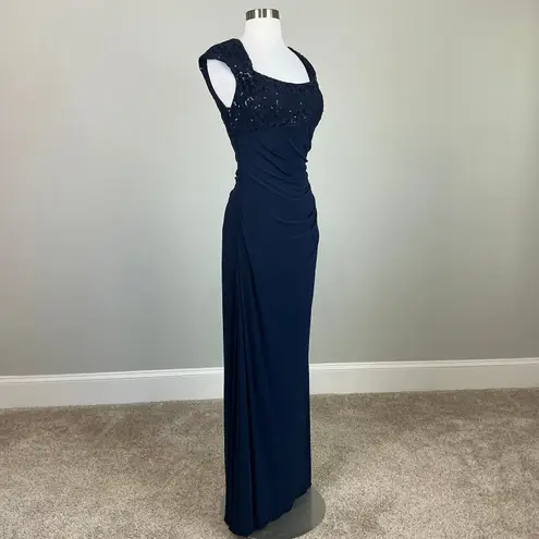 Betsy and Adam Sequined Lace Embellished Long Column Evening Gown Navy Blue Size 8