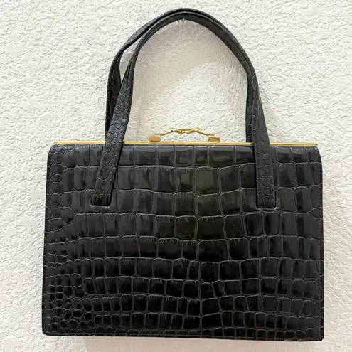 Unique Vintage DOFAN France Black Alligator Croc Embossed Leather Clutch Handbag