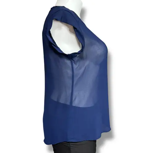 Spense Womens Sheer Blouse Shirt Top Cap Sleeve Round Neck Pullover Blue Large