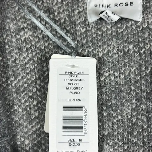 Pink Rose NWT  Cozy Cardigan Womens M Gray Plaid Pockets Boho Coastal Grandmother
