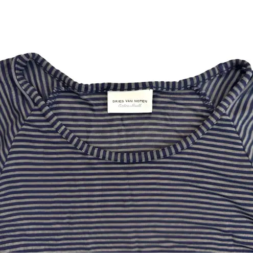 Dries Van Noten Gray Navy Stripe Long Sleeve Semi Sheer Crew Neck Top XS