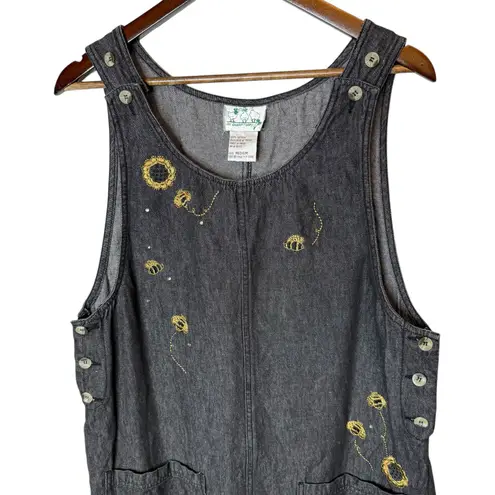 Quacker Factory Vintage Denim Sleeveless Embroidered Rhinestone Dress Bee Medium Gray