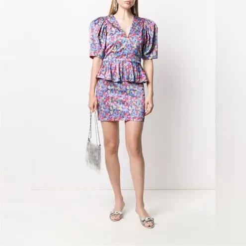 Rotate Mindy Mini Dress 6 Puff Sleeve Peplum Purple Blue Floral Bold Y2K Party