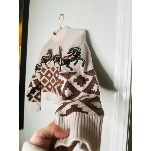 AUTUMN ADEIGBO Brown Horse Printed 100% Virgin Wool Marla Turtleneck Top Small