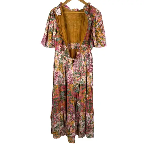 Banjanan Hilary Dress in Loki’s Garden Puffed Sleeve Midi Dress Size Medium Pink