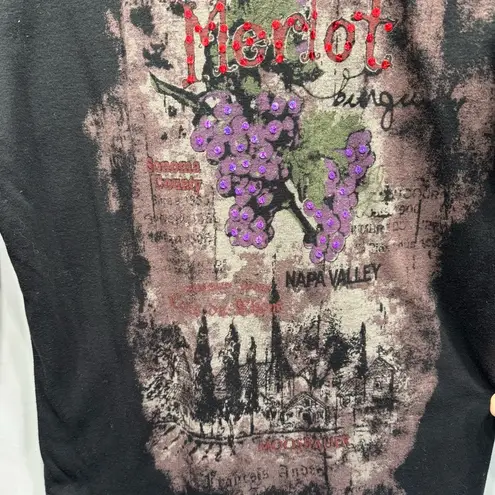 Rhinestone Merlot Wine Napa Valley Motif on Black 100% Cotton 3/4 Sleeve Top Size L