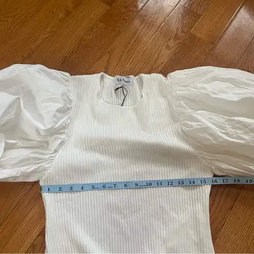 En Saison White Puff Sleeve Ribbed Knit Top Cotton modern Sz Large