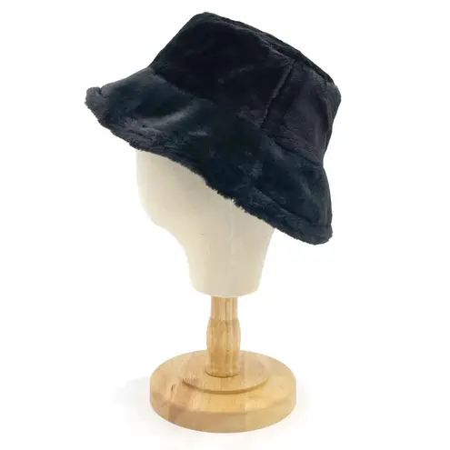 Black Faux Fur Bucket Hat Winter Soft Plush Fuzzy Warm Outerwear Unisex One Size