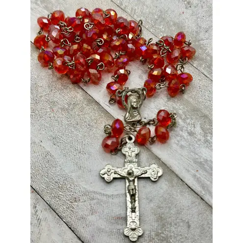 Vintage Italian Glass Bead Rosary, Italy Catholic Prayer Beads, Silver Crucifix Red