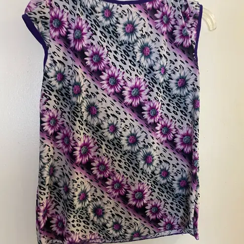 Womens Top Blouse M Medium Floral & Leopard Print Purple Black White