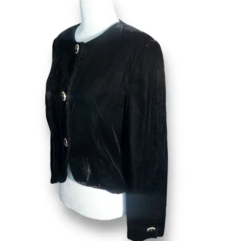 Vintage 90s Black Velvet Cropped Collarless Blazer Jacket Gold Button Elegant 8