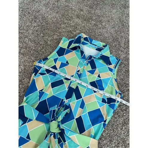 J. McLaughlin Dolly Catalina Cloth Sleeveless Dress Belted Green/Blue Print XS