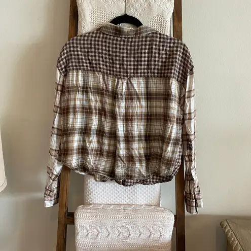 American Eagle brown & cream plaid patchwork button down shirt