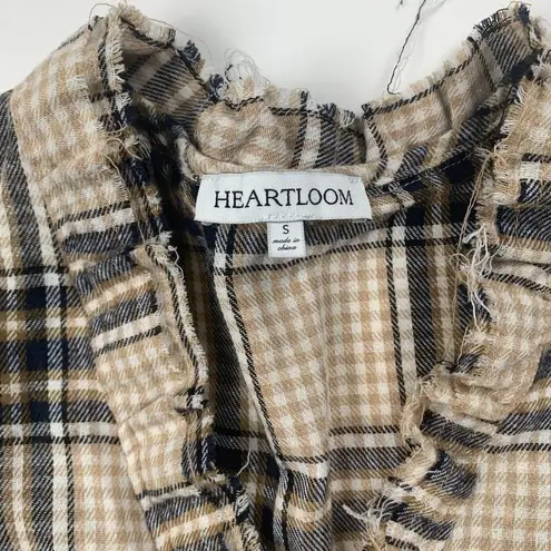 Heartloom Womens Blouse Beige Navy Blue Black Small Plaid Flannel Long Sleeve