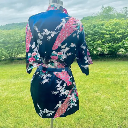 Oriental Village Blue Kimono/Robe with Floral and Peacock Design