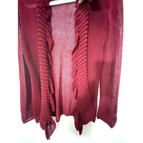 Eileen Fisher  Loose Knit Open Ruffle Front Cardigan Wine Red Linen Blend Medium