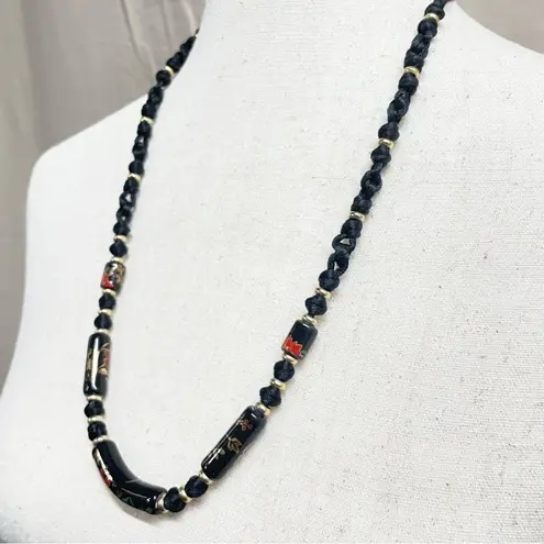 Vintage Black Floral Ceramic Bead Cord Necklace Witchy Goth Romantic