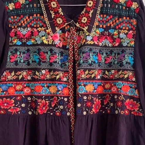 Johnny Was heavily embroidered Artesian deep plum 3/4 sleeve button up blouse
