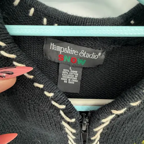 Vtg Hampshire Studio Snow Black Cardinal Embroidered Zip Up Cardigan Sweater L Size L