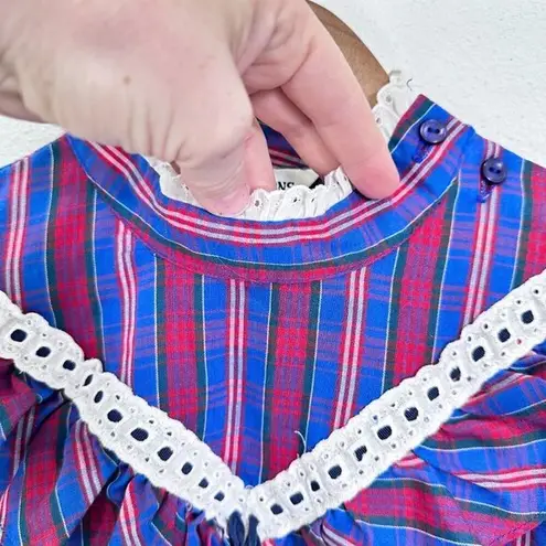 C.C. Additions Vintage Cottagecore Trad Wife Modest Ruffle Plaid Blouse Size M Blue Size M