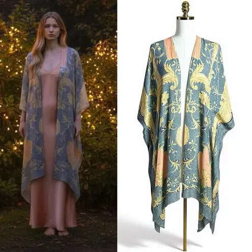 One Hundred Stars Bohemian Gypsy Rococo Midi Kimono One Size OS Witchy Boho Blue