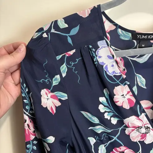 Yumi Kim Anthropologie Renata 100% Silk Wrap Floral Dress Medium Navy Blue Pink