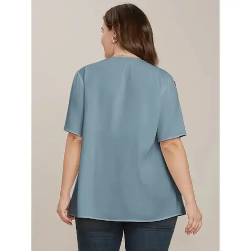 Bloomchic Plain Round Neck Button Detail Blouse Stone Blue 14-16