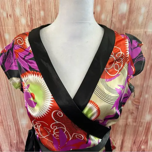 BCBG Max Azria Y2K Satin Kimono Japanese Swirl Wrap Blouse