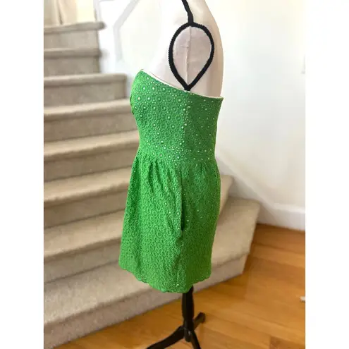 Shoshanna Kelly Green Eyelet Broderie Scallop Hem Strapless Dress