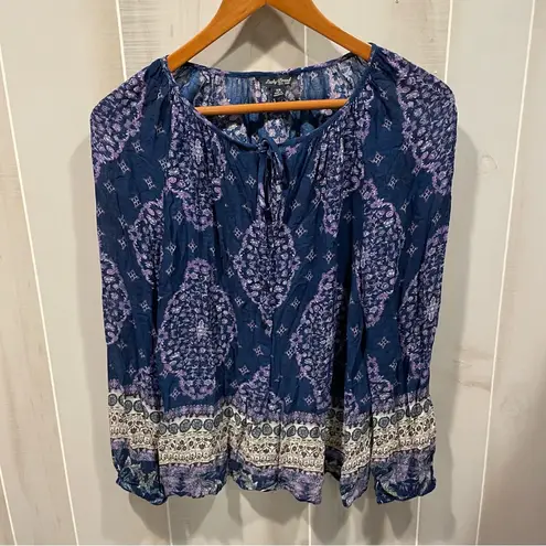 Lucky Brand Cute boho flowy  tie-neck top button front purple dream