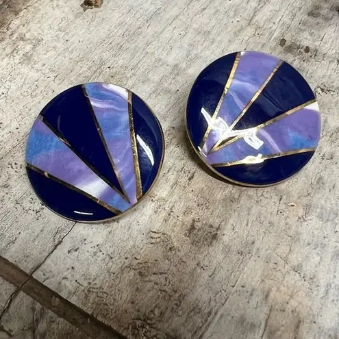 Vintage Purple Navy Gold Round Statement Earrings 80s Geometric Jewelry Blue